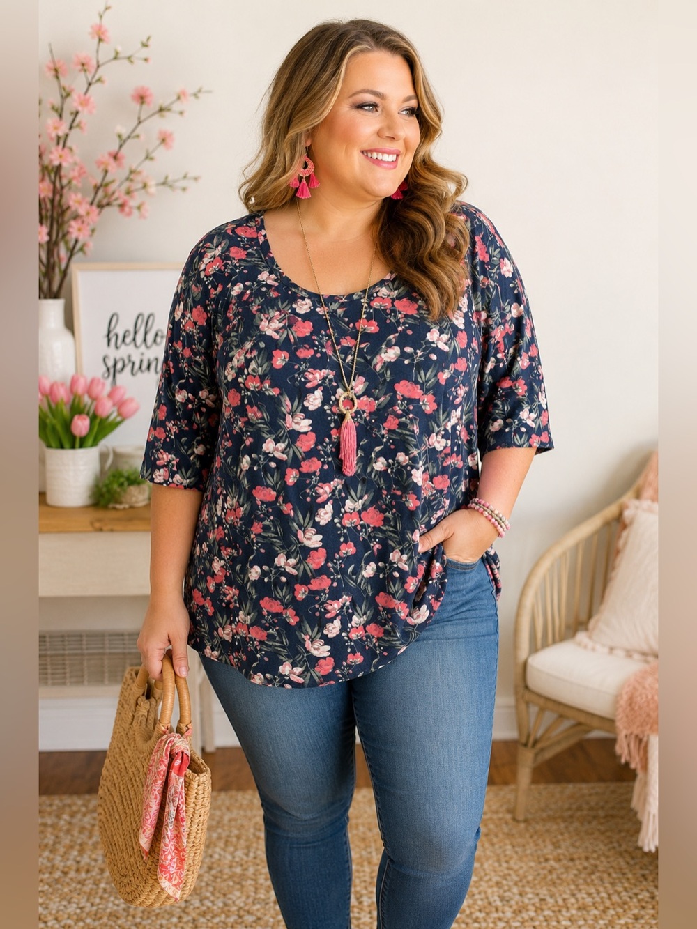 LULAROE Navy and Pink Floral Boyfriend T EUC